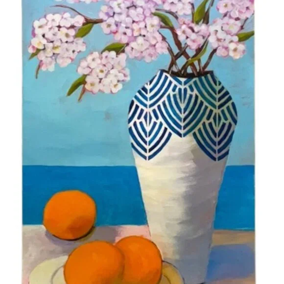 Cherry Blossoms  Oranges and Ocean Views Acrylic Painting for Coastal Charm - Picture 7 of 8